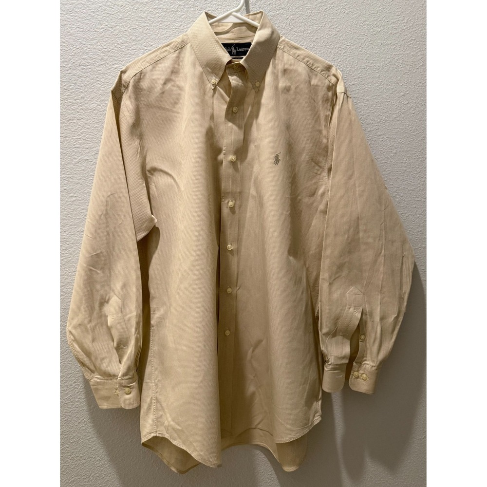 Ralph Lauren Yarmouth Mens 15.5 32/33 Tan Micro Check Cotton Button Down Shirt